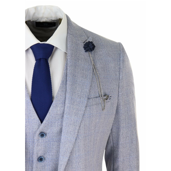 Mens 3 Piece Check Suit Tweed Light Blue Tailored Fit Wedding Peaky Classic