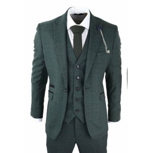 Mens 3 Piece Check Suit Tweed Olive Green Tailored Fit Wedding Peaky Classic