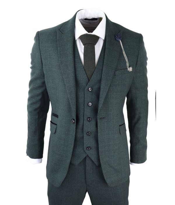 Mens 3 Piece Check Suit Tweed Olive Green Tailored Fit Wedding Peaky Classic