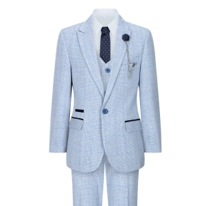 Boys 3 Piece Check Suit Tweed Light Blue Tailored Fit Wedding Peaky Classic