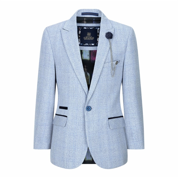 Boys 3 Piece Check Suit Tweed Light Blue Tailored Fit Wedding Peaky Classic