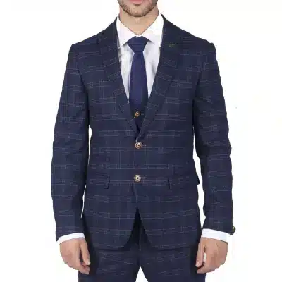 Mens Marc Darcy Blue Check Prince Of Wales 3 Piece Suit Smart Casual Slim Fit Chigwell