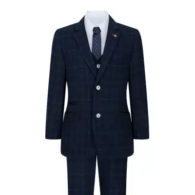 Jungen Blau 3 Stück Anzug Navy Check Hochzeit Prom Formal Vintage Tailored Fit