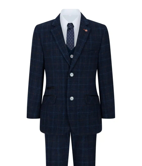 Boys Blue 3 Piece Suit Navy Check Wedding Prom Formal Vintage Tailored Fit