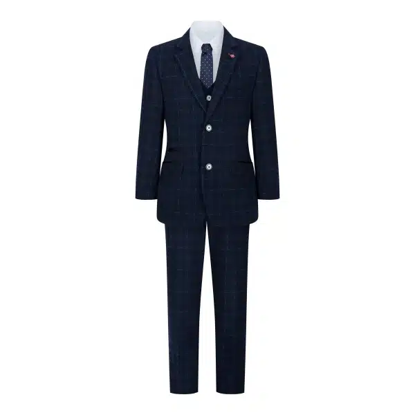 Boys Blue 3 Piece Suit Navy Check Wedding Prom Formal Vintage Tailored Fit