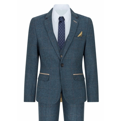 Blau 3 Stück Herringbone Tweed Check Vintage Tailored Fit Anzug für Jungen