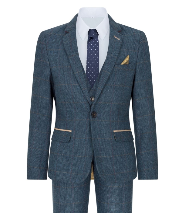 Boys Blue 3 Piece Herringbone Tweed Check Vintage Tailored Fit Suit