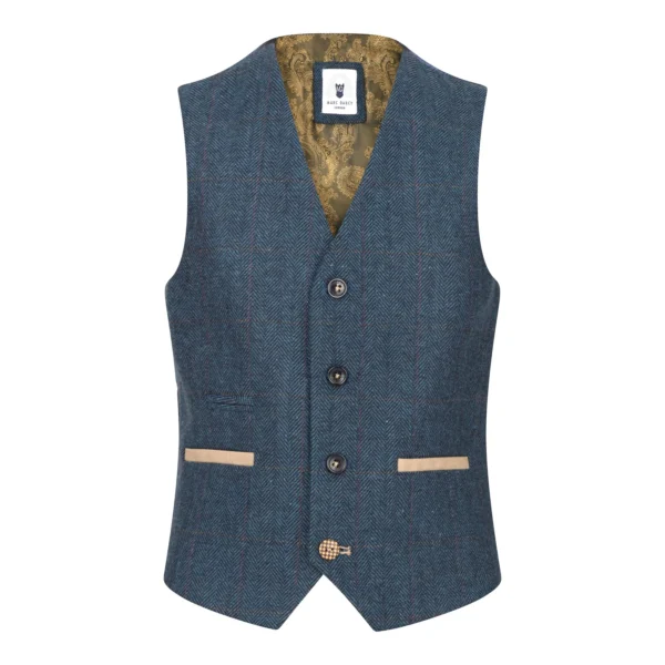 Boys Blue 3 Piece Herringbone Tweed Check Vintage Tailored Fit Suit