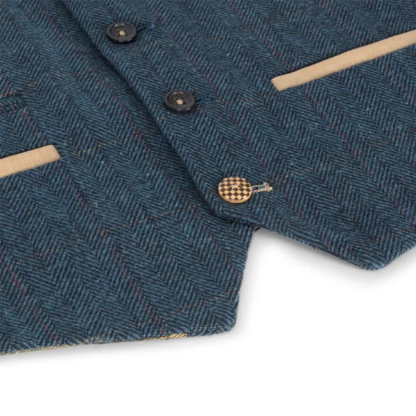 Boys Blue 3 Piece Herringbone Tweed Check Vintage Tailored Fit Suit
