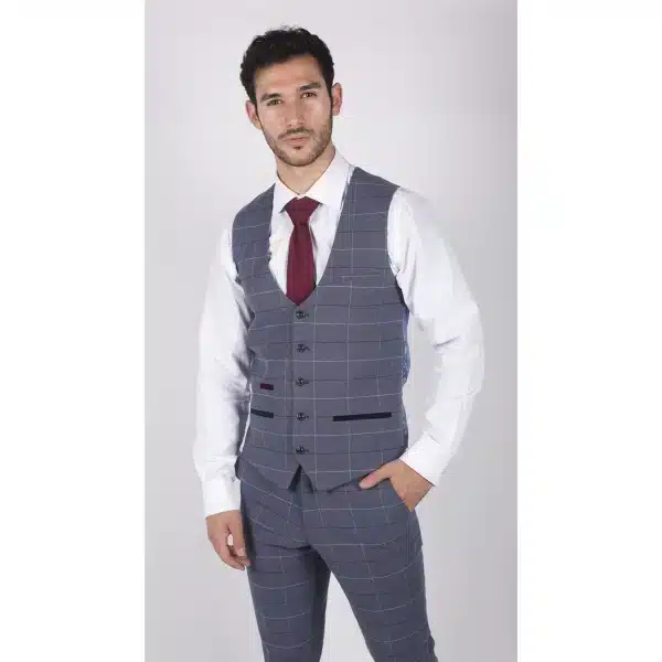 Mens Marc Darcy Blue Grey Red Check 3 Piece Suit Smart Casual Tweed Slim Fit Drake