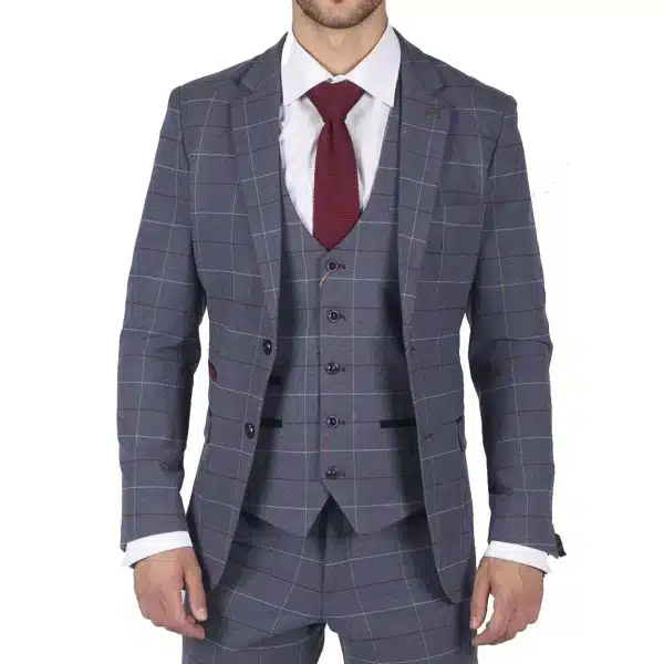 Mens Marc Darcy Blue Grey Red Check 3 Piece Suit Smart Casual Tweed Slim Fit Drake