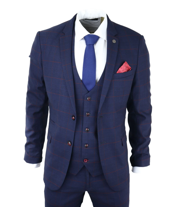 Mens Navy Check 3 Piece Suit Red Edinson Marc Darcy Classic Vintage Wedding