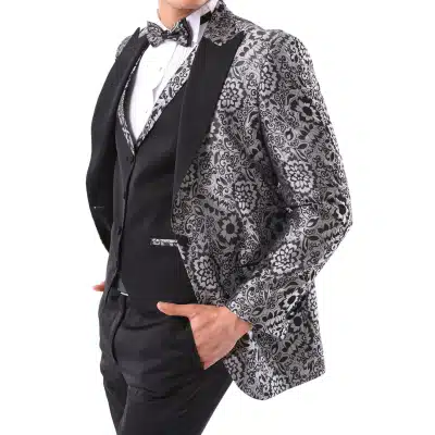 Mens Silver Floral Black Tuxedo Suit 3 Piece Wedding Prom Party Grooms Ceremony