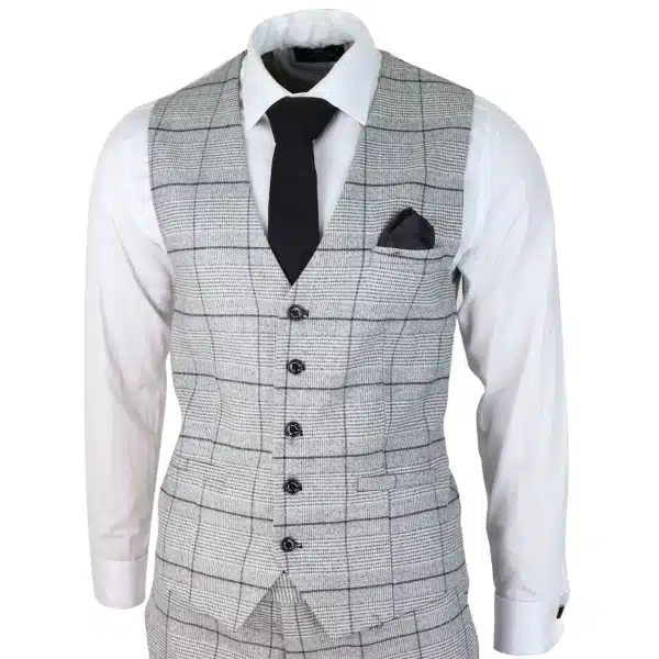 Mens Grey Check Black Tweed 3 Piece Suit Vintage Classic 1920s Wedding