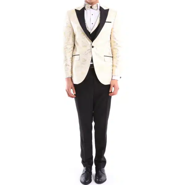 Mens 3 Piece Cream Black Ivory Suit Bow Tie Tuxedo Ceremony Wedding Grooms Prom