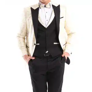 Mens 3 Piece Cream Black Ivory Suit Bow Tie Tuxedo Ceremony Wedding Grooms Prom