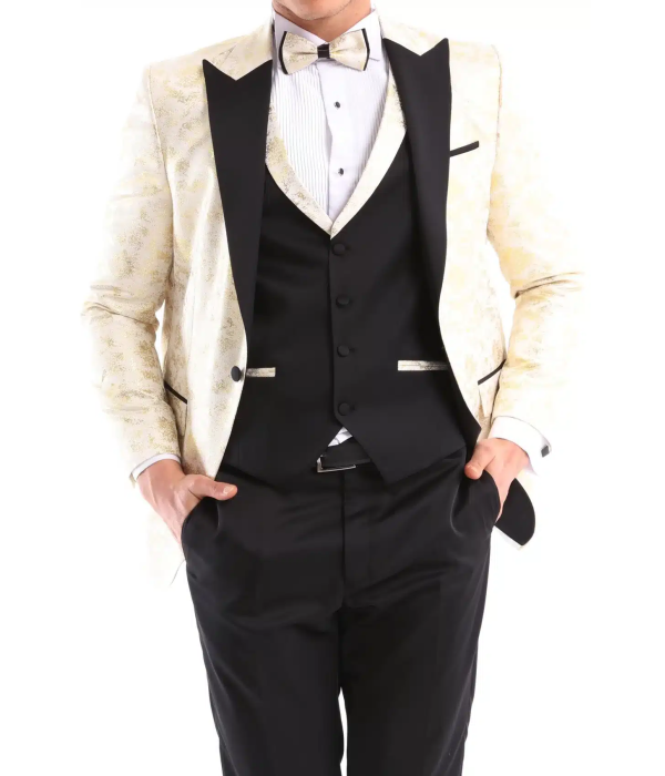 Mens 3 Piece Cream Black Ivory Suit Bow Tie Tuxedo Ceremony Wedding Grooms Prom