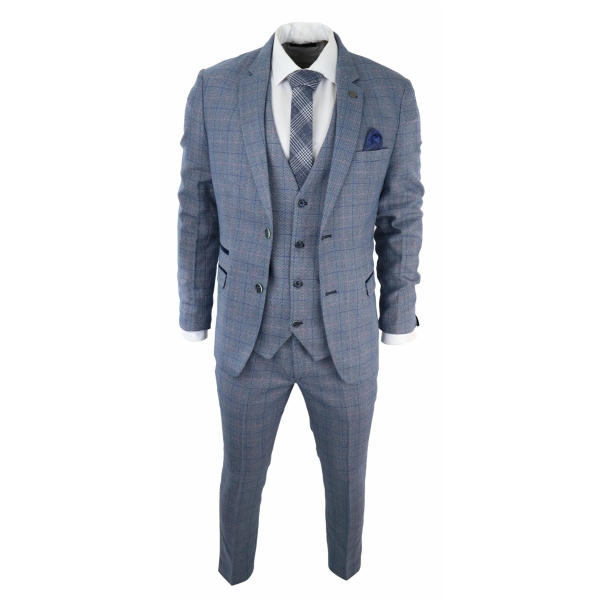 Mens 3 Piece Suit Sky Blue Check Wool Feel Marc Darcy Tailored Fit Wedding Prom Harry