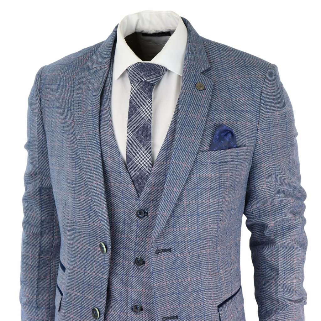 Mens 3 Piece Suit Sky Blue Check Wool Feel Marc Darcy Tailored Fit