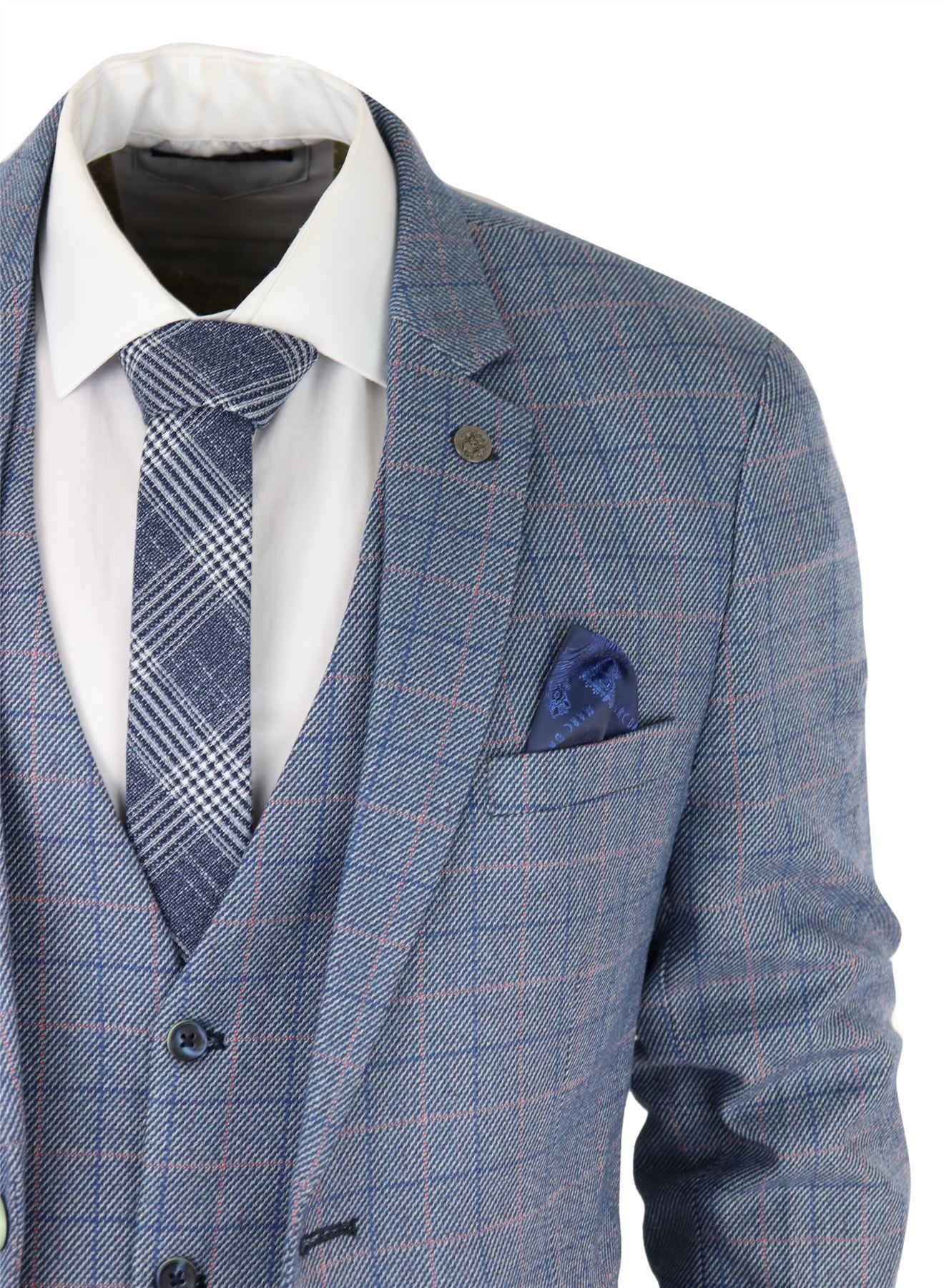 Mens 3 Piece Suit Sky Blue Check Wool Feel Marc Darcy Tailored Fit ...