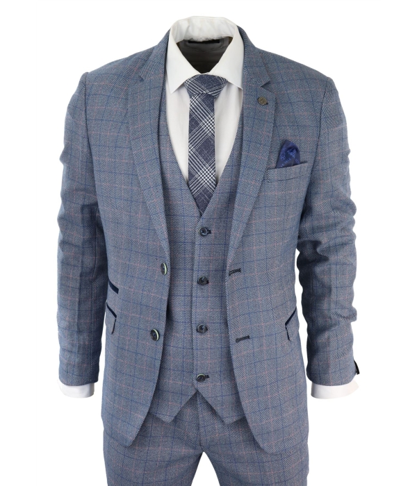 Mens 3 Piece Suit Sky Blue Check Wool Feel Marc Darcy Tailored Fit Wedding Prom Harry