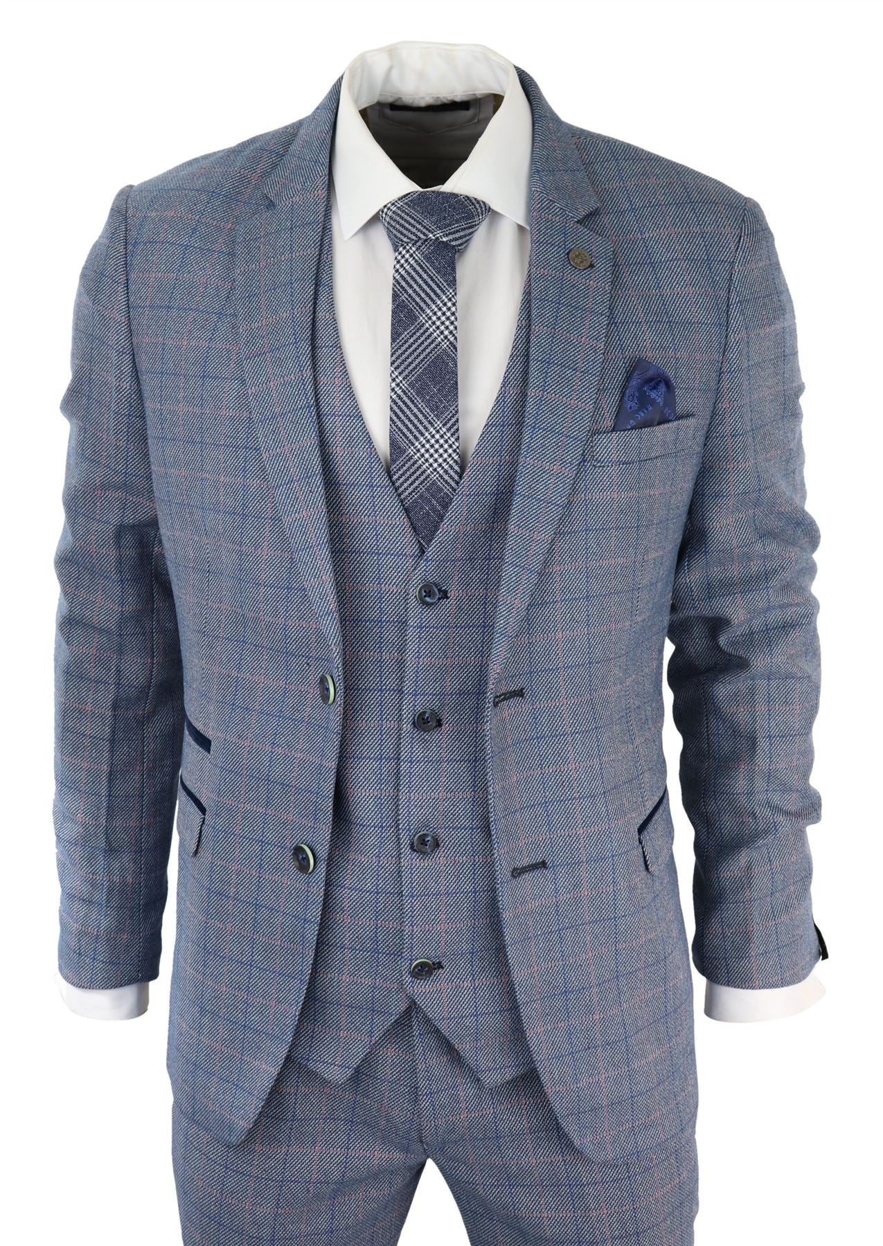 Mens 3 Piece Suit Sky Blue Check Wool Feel Marc Darcy Tailored Fit ...