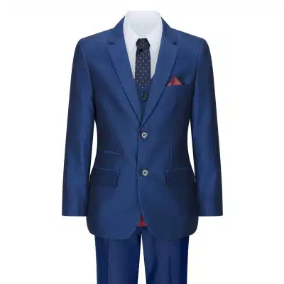 Boys 3 Piece Shiny Blue Wedding Party Suit Tailored Fit Smart Formal