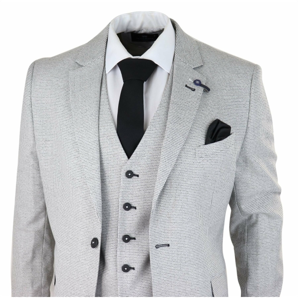 Mens 3 Piece Light Grey Black Check Suit Tailored Fit Retro Vintage Classic Smart