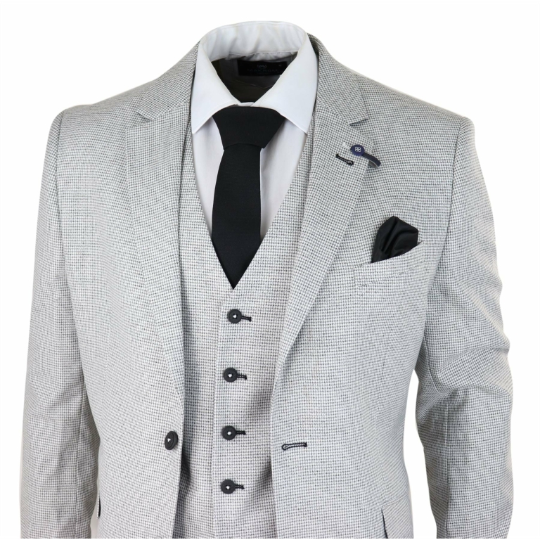 Mens 3 Piece Light Grey Black Check Suit Tailored Fit Retro Vintage ...