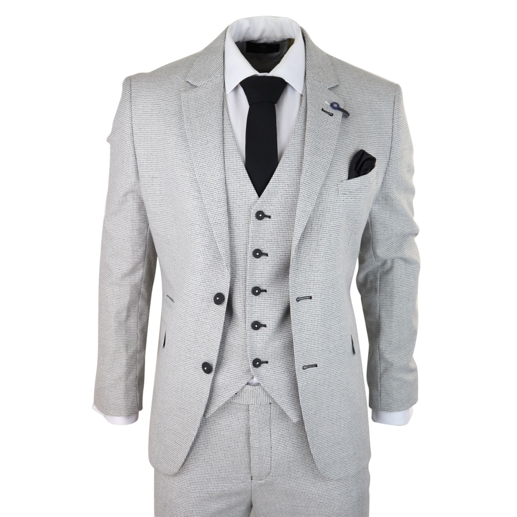 Mens 3 Piece Light Grey Black Check Suit Tailored Fit Retro Vintage 