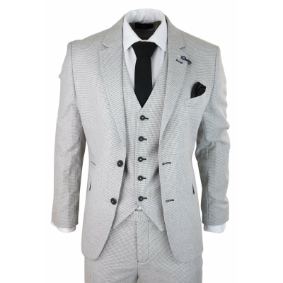 New Mens Grey 3 Piece Cotton Linen Blend Tailored Fit Vintage Suit Smart Casual 