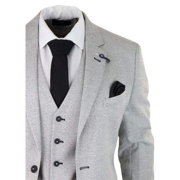 Mens 3 Piece Light Grey Black Check Suit Tailored Fit Retro Vintage Classic Smart