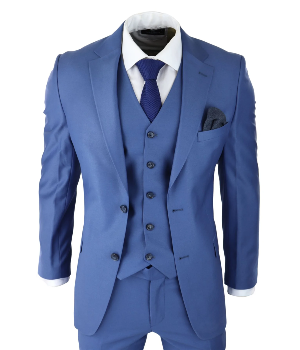 Mens Classic Light Blue 3 Piece Suit Slim Fit Vintage Retro Smart Formal Wedding