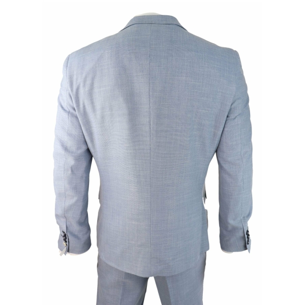 Mens 3 Piece Suit Light Blue Summer Linen Tailored Fit Wedding Prom Classic