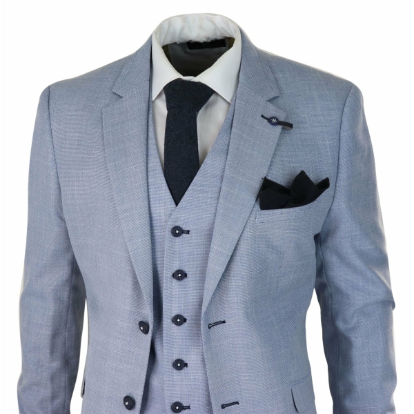 Mens 3 Piece Suit Light Blue Summer Linen Tailored Fit Wedding Prom Classic
