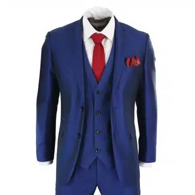 Mens 3 Piece Shiny Blue Wedding Prom Party Suit Tailored Fit Smart Formal