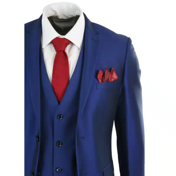 Herren 3 Stück Glänzend Blau Hochzeit Prom Party Anzug Tailored Fit Smart Formal