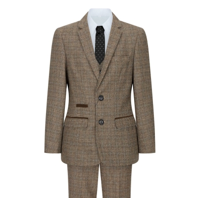 Boys 3 Piece Brown Suit Tweed Check Vintage Retro Tailored Fit 1920s