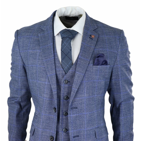 Mens 3 Piece Suit Blue Prince Of Wales Check Tailored Fit Summer ...