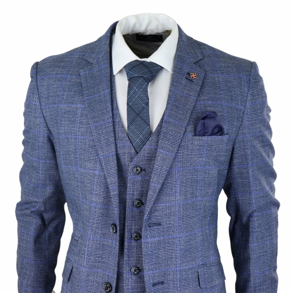 Mens 3 Piece Suit Blue Prince Of Wales Check Tailored Fit Summer Classic Vintage