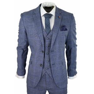 Mens 3 Piece Suit Blue Prince Of Wales Check Tailored Fit Summer Classic Vintage