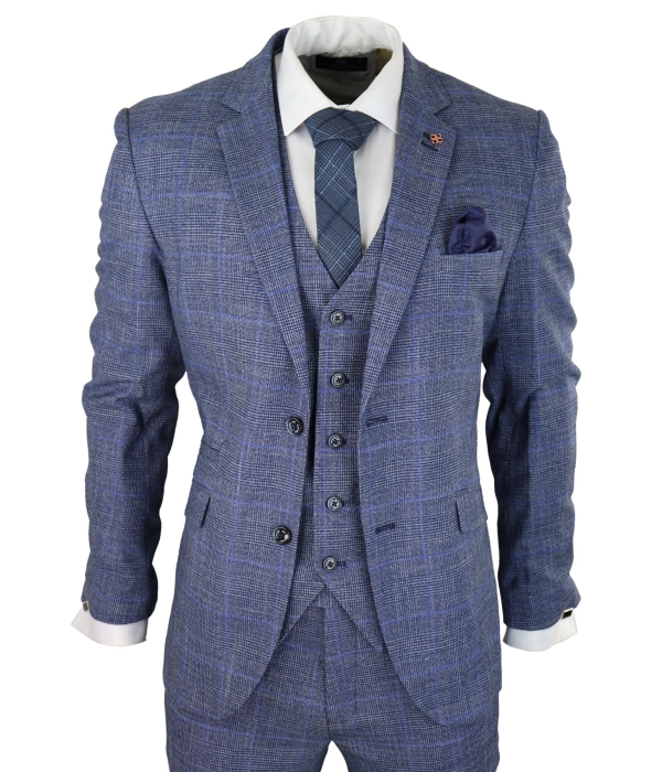 Mens 3 Piece Suit Blue Prince Of Wales Check Tailored Fit Summer ...