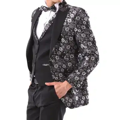 Herren Schwarz Silber Paisley Smoking Anzug 3 Stück Hochzeit Prom Party Bräutigam maßgeschneidert