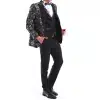 Mens Black Silver Paisley Tuxedo Suit 3 Piece Wedding Prom Party Grooms Tailored
