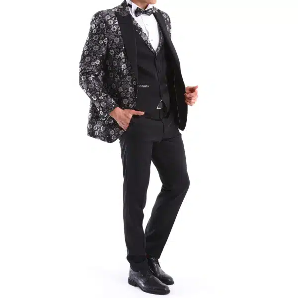 Mens Black Silver Paisley Tuxedo Suit 3 Piece Wedding Prom Party Grooms Tailored