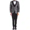 Mens Black Silver Paisley Tuxedo Suit 3 Piece Wedding Prom Party Grooms Tailored