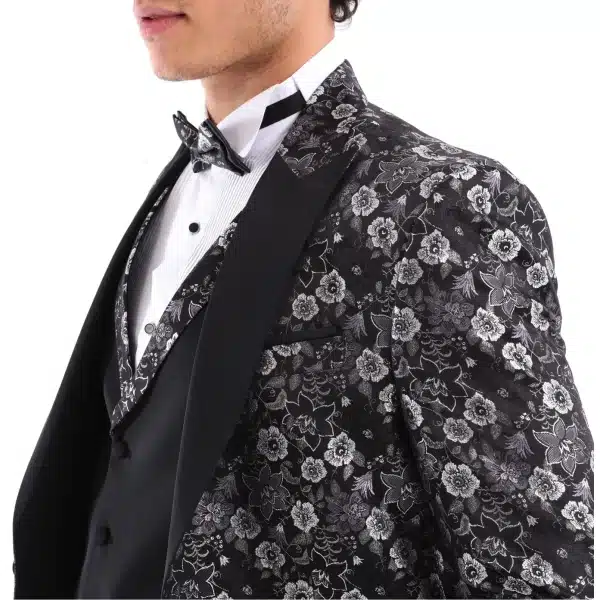 Mens Black Silver Paisley Tuxedo Suit 3 Piece Wedding Prom Party Grooms Tailored