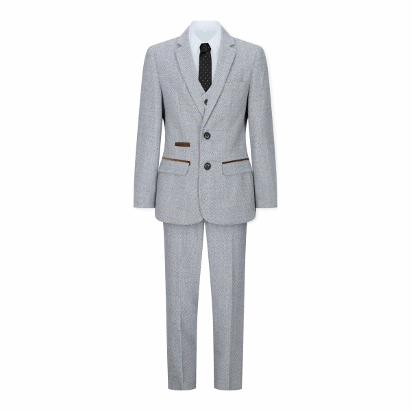 Boys 3 Piece Suit Cream Beige Tweed Check Vintage Retro Tailored Fit 1920s