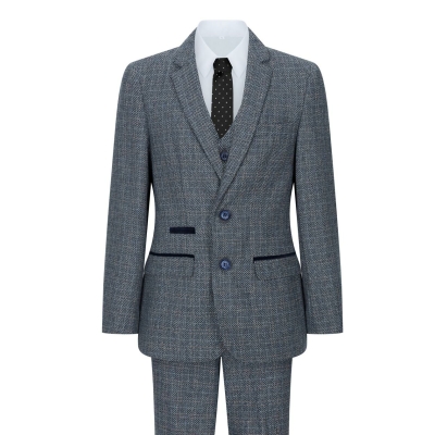 Jungen 3 Stück Anzug Marineblau Tweed Check Vintage Retro Tailored Fit 1920s