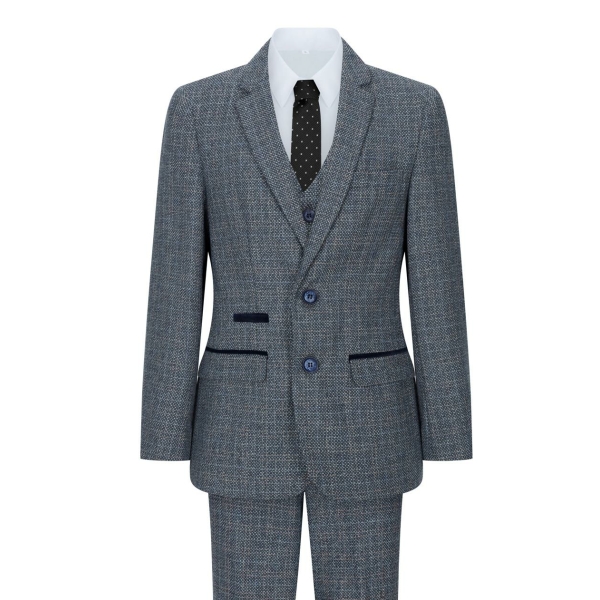 Boys 3 Piece Suit Navy Blue Tweed Check Vintage Retro Tailored Fit 1920s